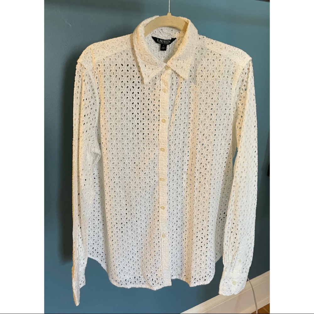Ralph Lauren Eyelet Lace Button Down Shirt with Long Sleeves